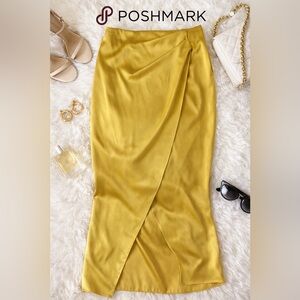 Yellow Satin Wrap Midi Skirt